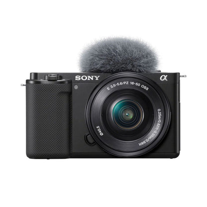 ZV-E10 spiegellose Kamera mit 16–50mm Objektiv und Mikrofon-Windschutz, schwarz
