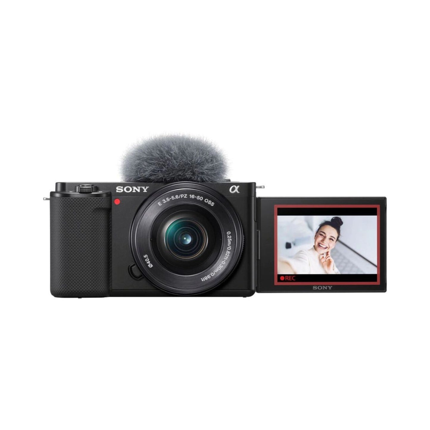ZV-E10 Kamera mit 16-50mm Objektiv, seitlichem Display und Mikrofon-Windschutz