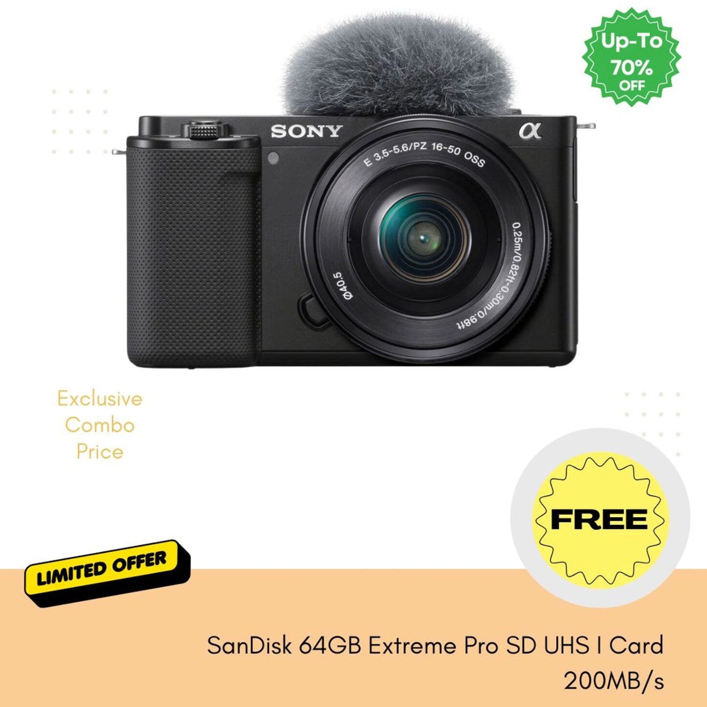 Sony ZV-E10 mirrorless camera with 16-50mm lens and built-in furry microphone