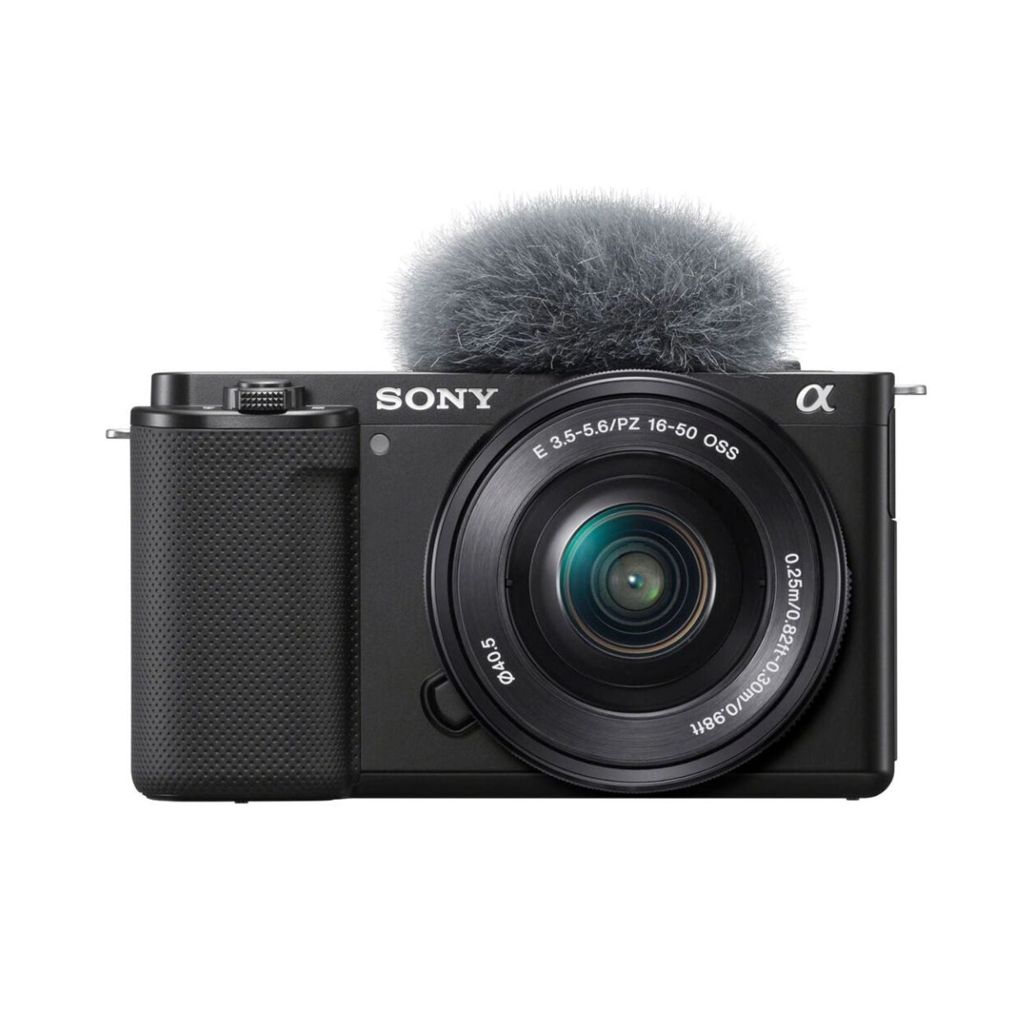 ZV-E10 mirrorless camera front view with 16-50mm lens and furry mic