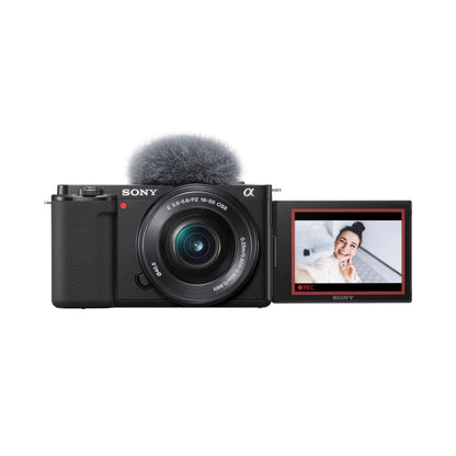 ZV-E10 mirrorless camera with 16-50mm lens and rear flip-out screen