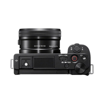 ZV-E10 mirrorless camera back controls and buttons, with 16-50mm lens