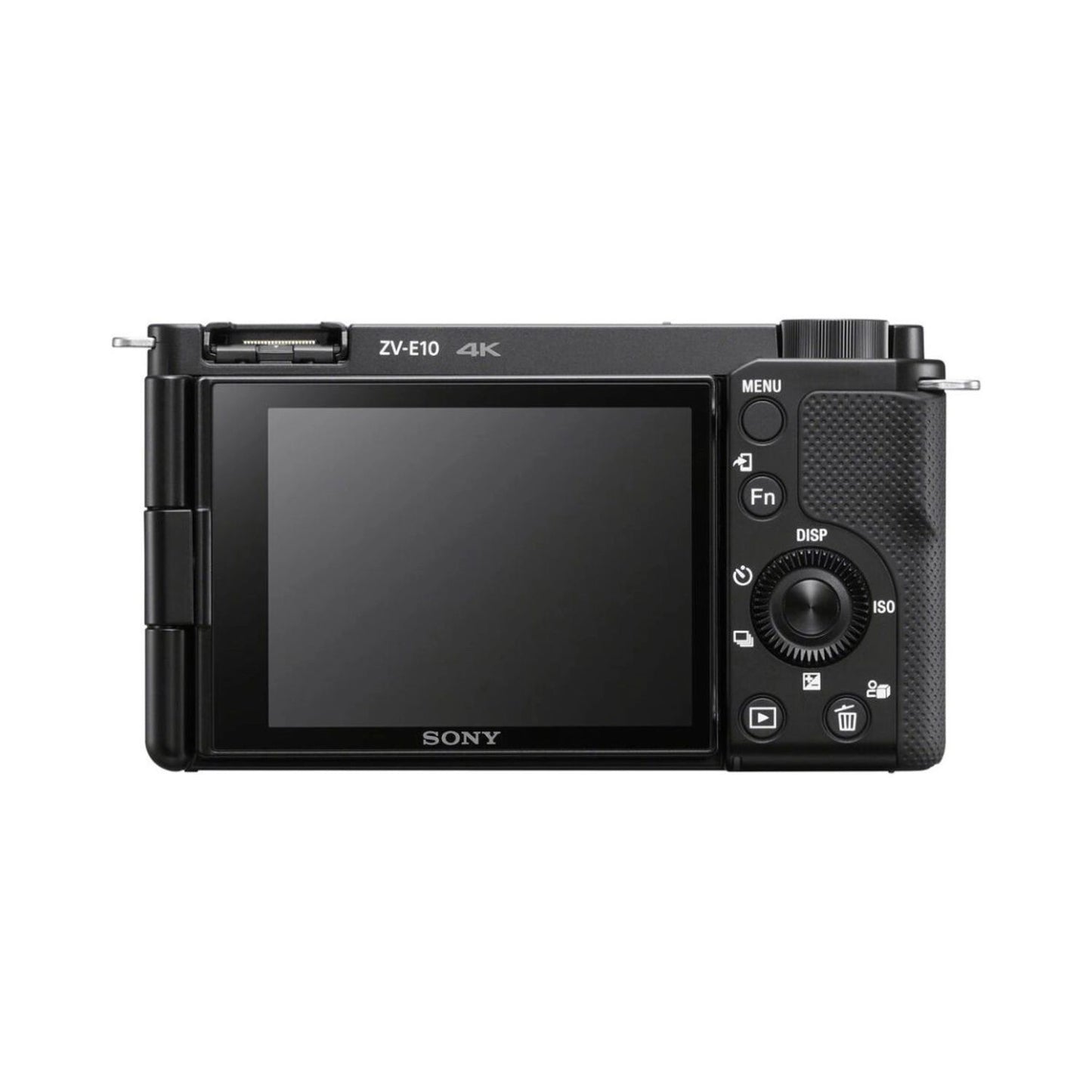 ZV-E10 mirrorless camera rear view with LCD screen and control dial