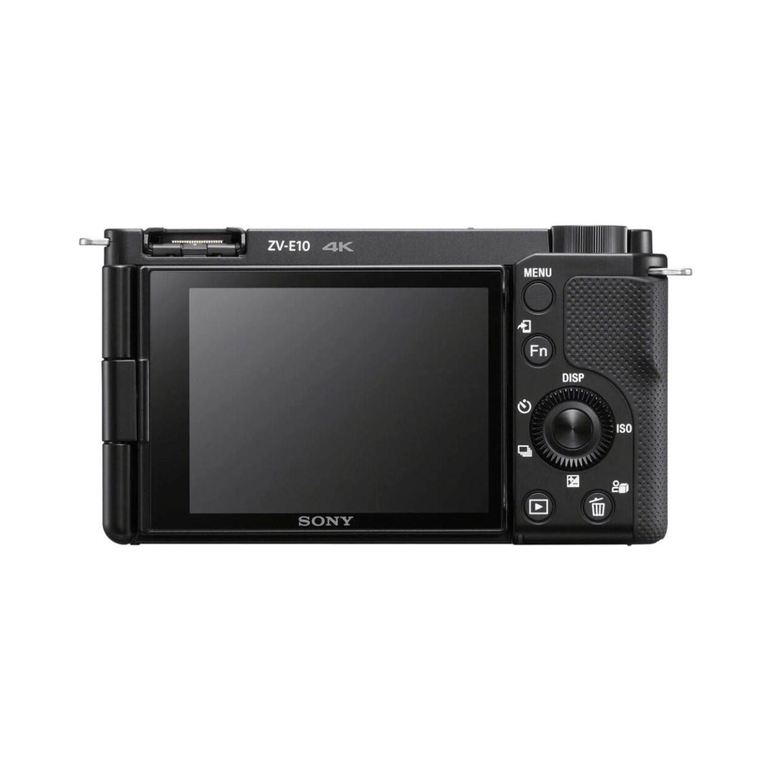 ZV-E10 mirrorless camera rear view with LCD screen and control dial