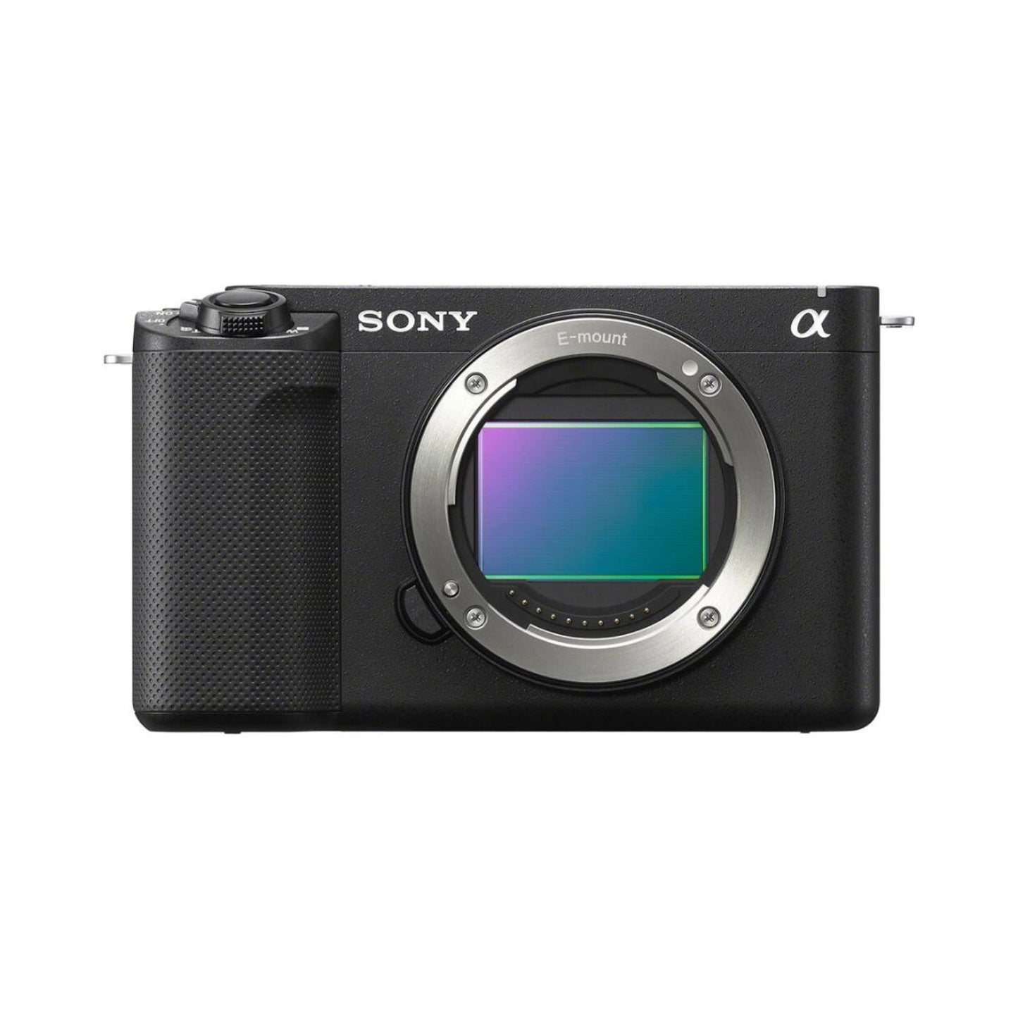 Sony ZV-E1 mirrorless camera body, front view with lens mount and display