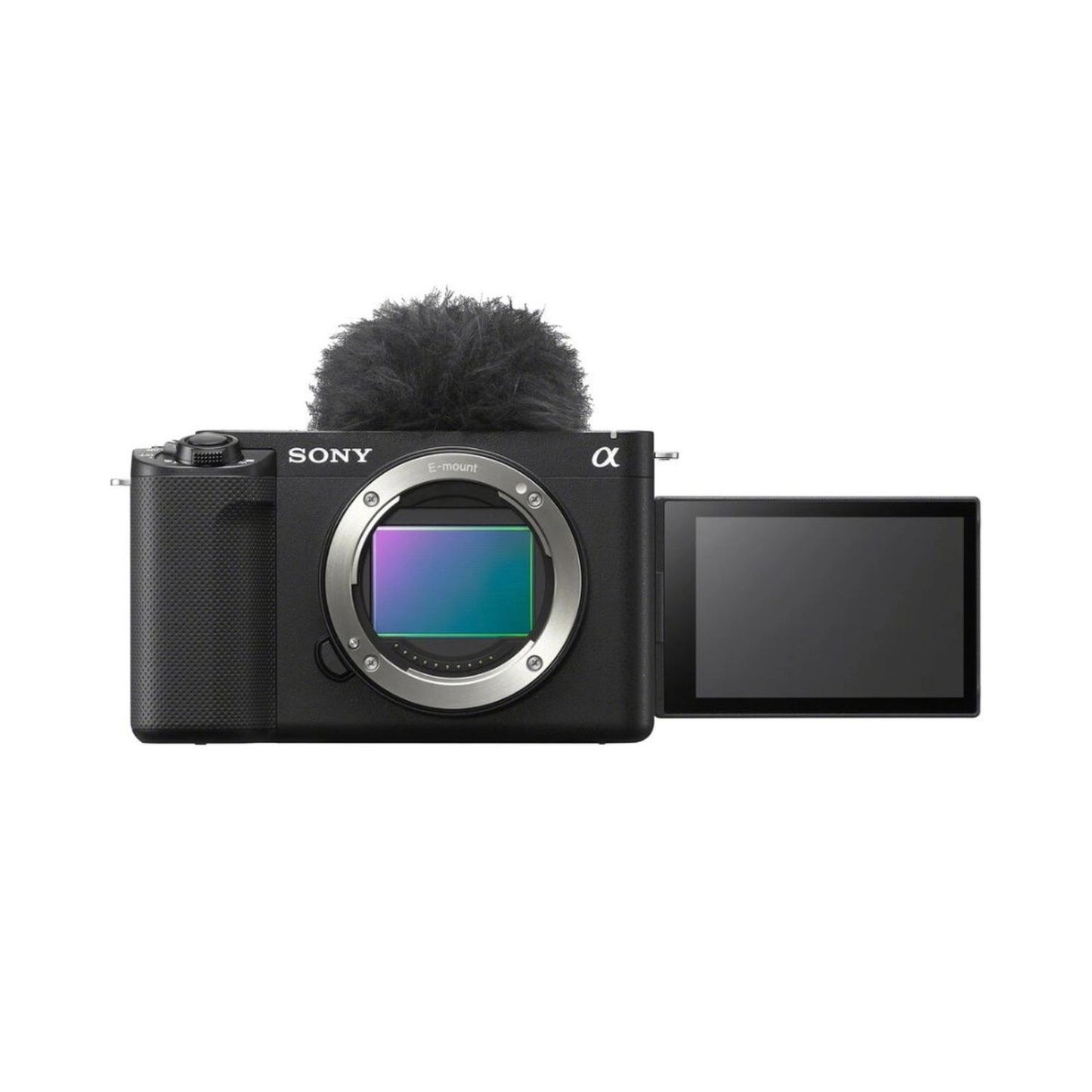 Sony ZV-E1 mirrorless camera body, front view with open LCD screen