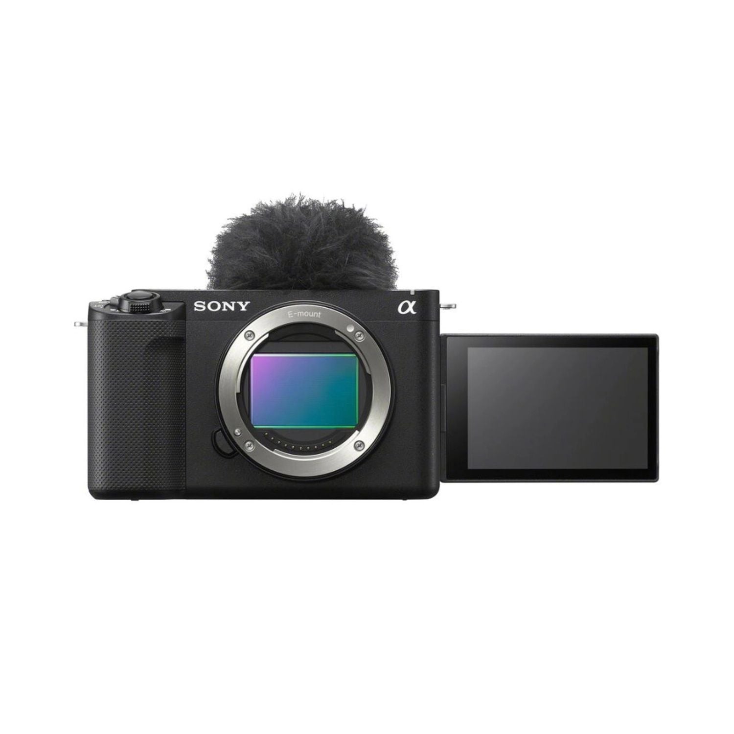 Sony ZV-E1 mirrorless camera body, front view with open LCD screen