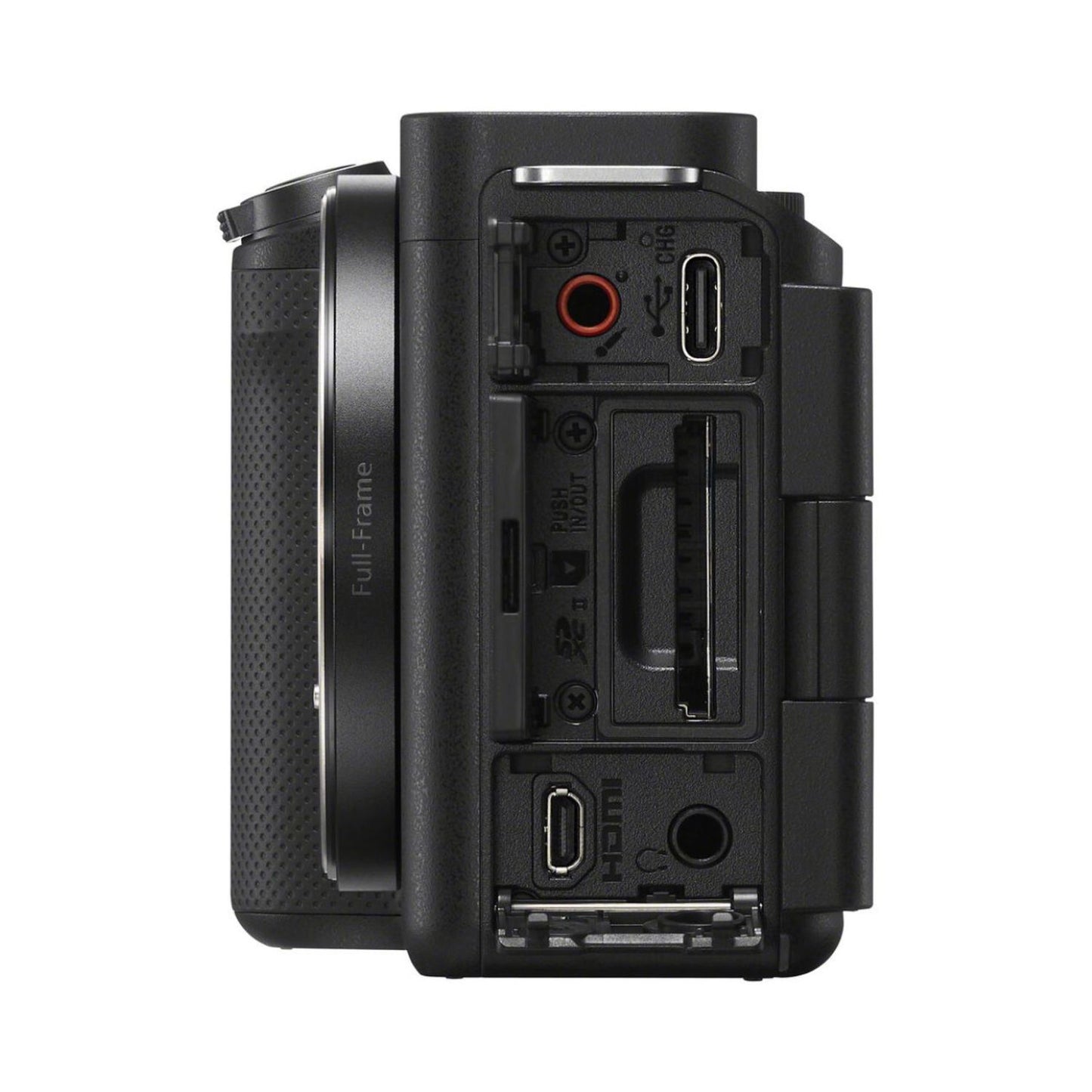 Sony ZV-E1 mirrorless camera body, side ports and battery compartment cover