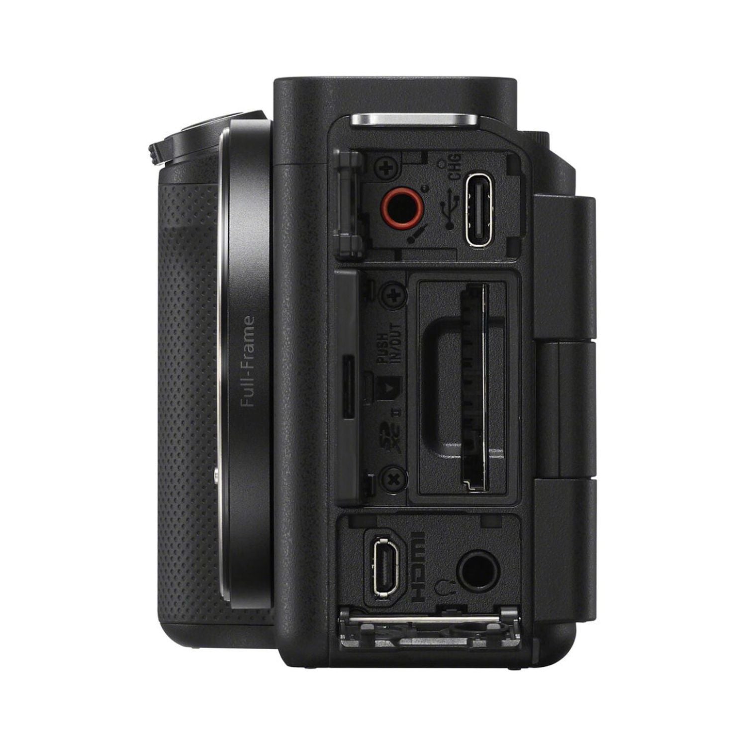 Sony ZV-E1 mirrorless camera body, side ports and battery compartment cover