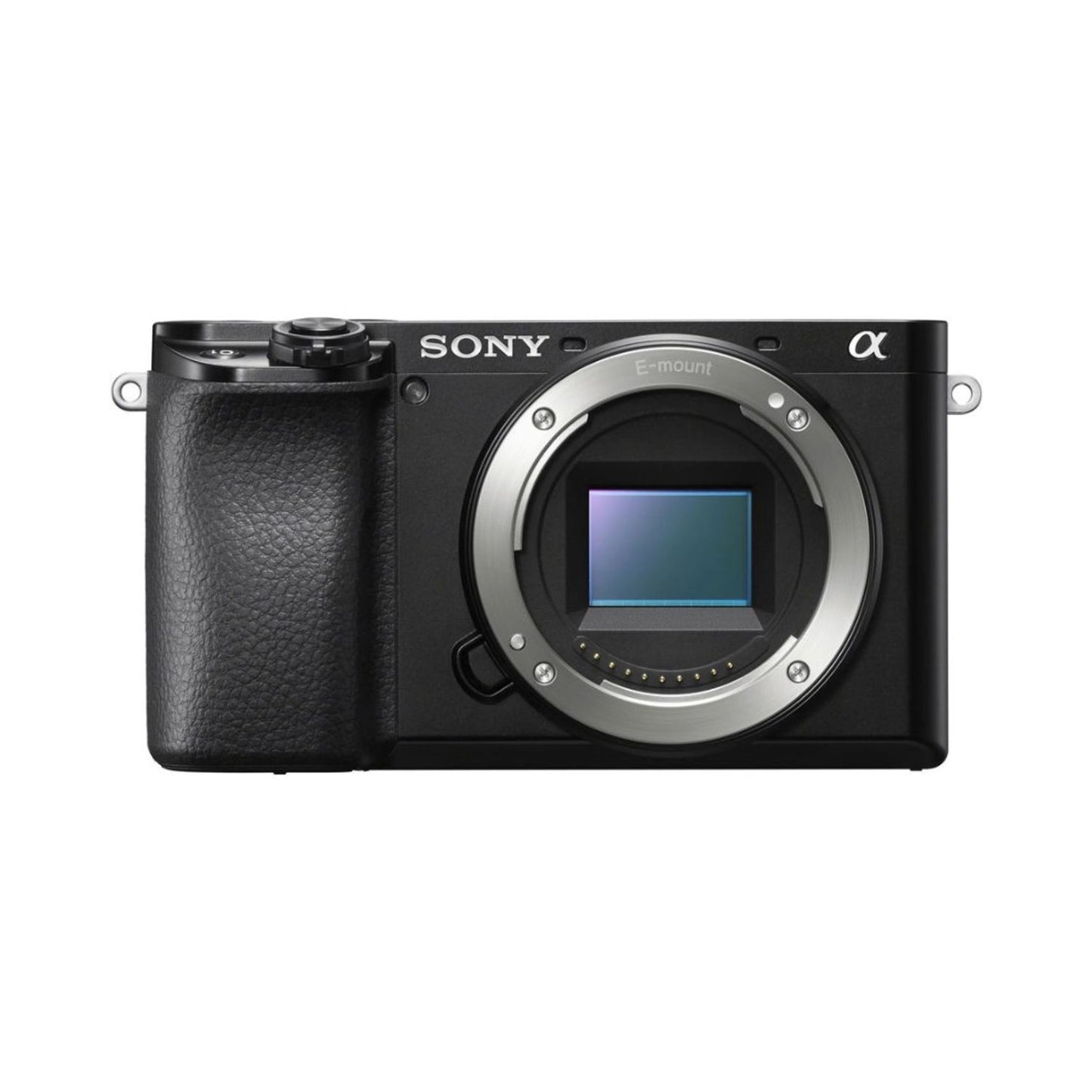 Sony a6100 mirrorless camera front view with E-mount lens bay and grip