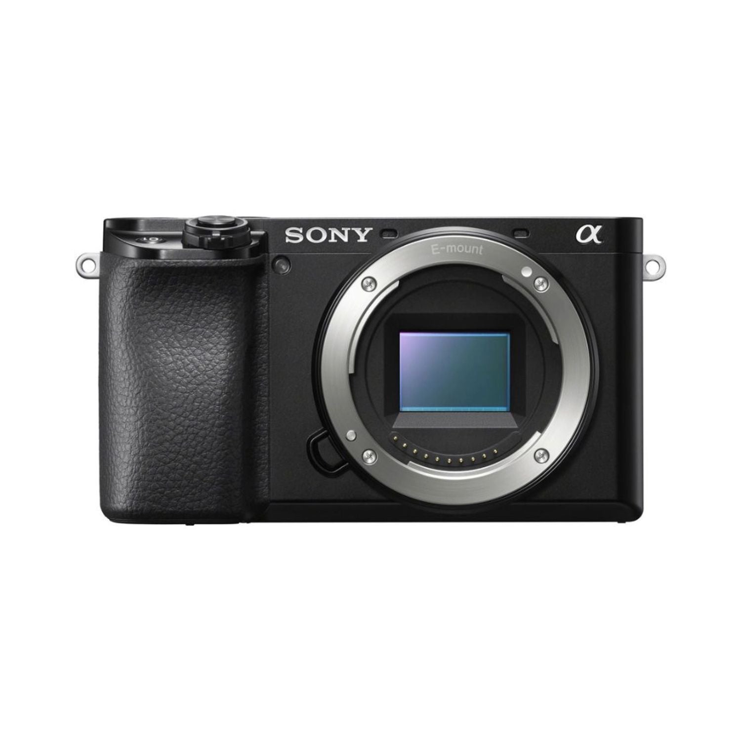 Sony a6100 mirrorless camera front view with E-mount lens bay and grip