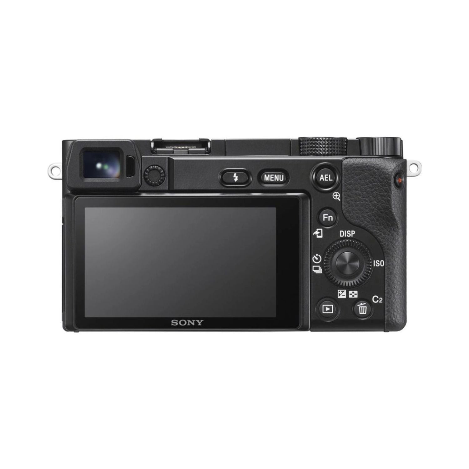 a6100 mirrorless camera back view with LCD screen, menu button and control dial