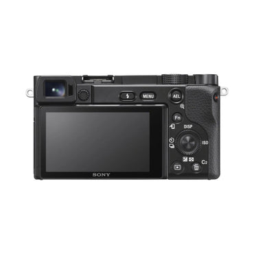a6100 mirrorless camera back view with LCD screen, menu button and control dial