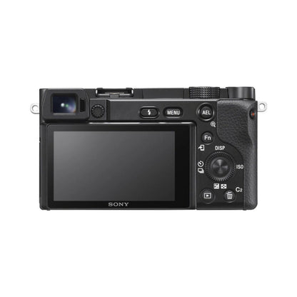 a6100 mirrorless camera back view with LCD screen, menu button and control dial