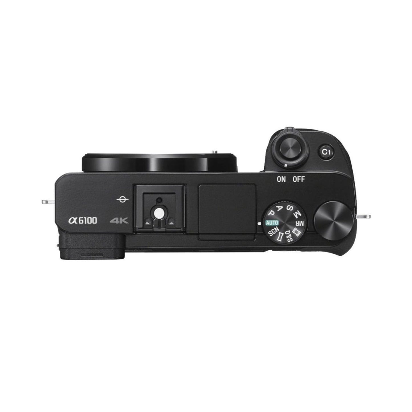 a6100 mirrorless camera top view with mode dial, ON/OFF switch and hot shoe