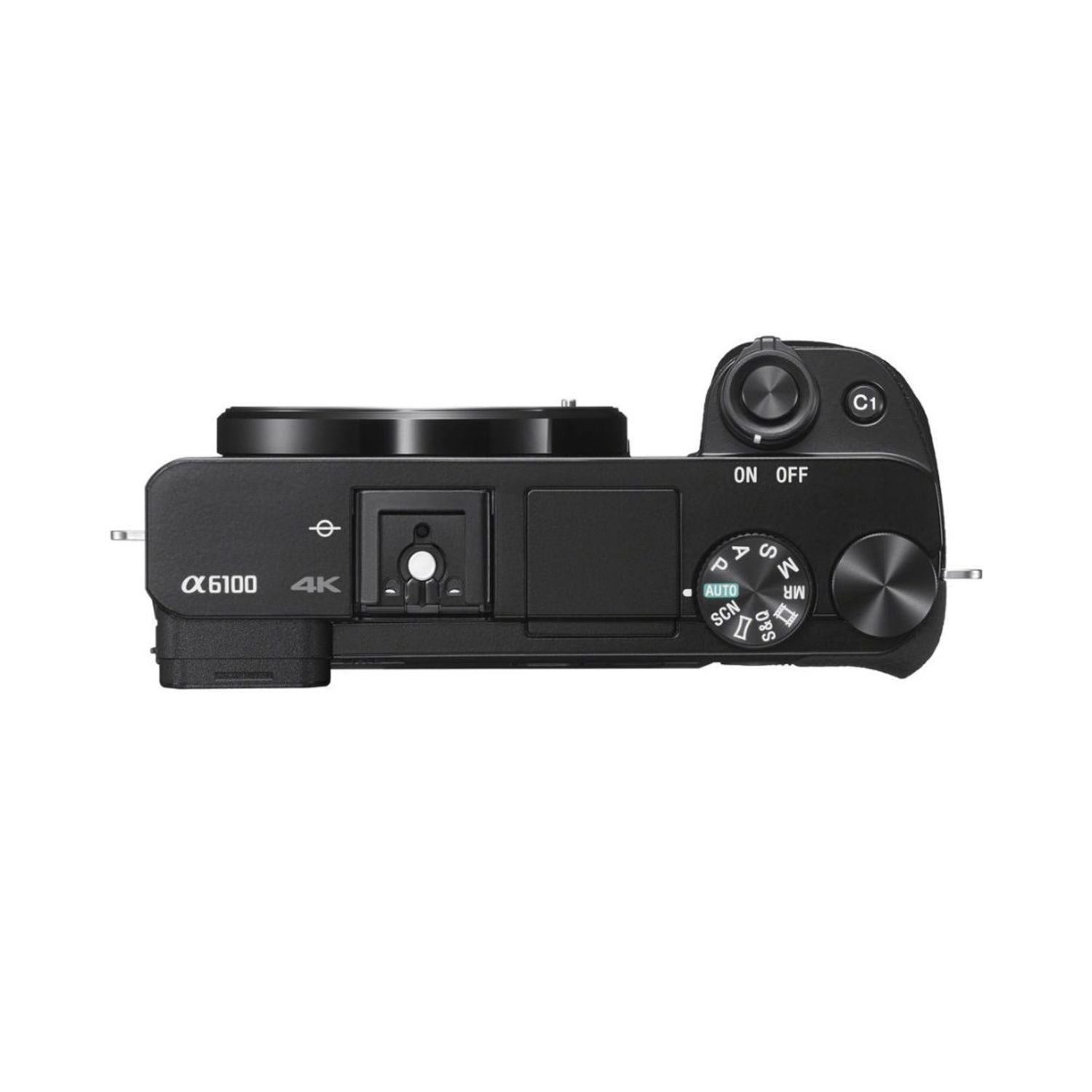 a6100 mirrorless camera top view with mode dial, ON/OFF switch and hot shoe