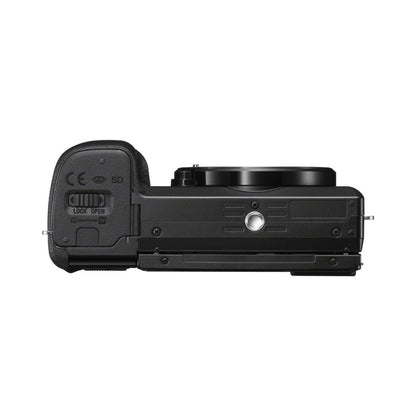 a6100 mirrorless camera rear/side view with SD card door and connectivity ports