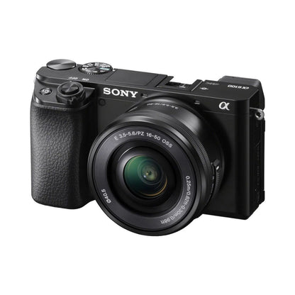 Sony a6100 mirrorless camera with 16–50mm lens, front view, black body