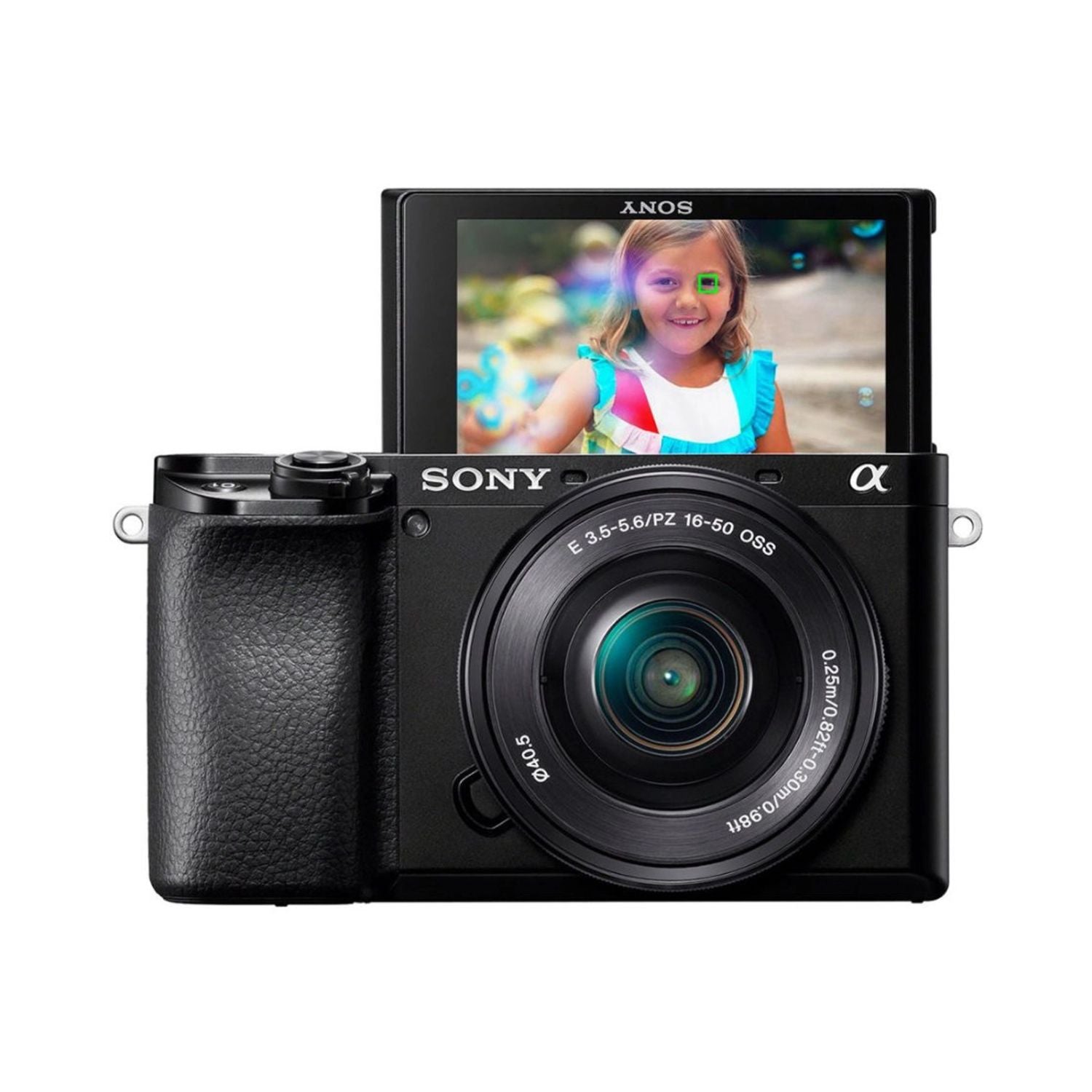 Mirrorless camera with 16–50mm lens, rear LCD screen showing a photo preview