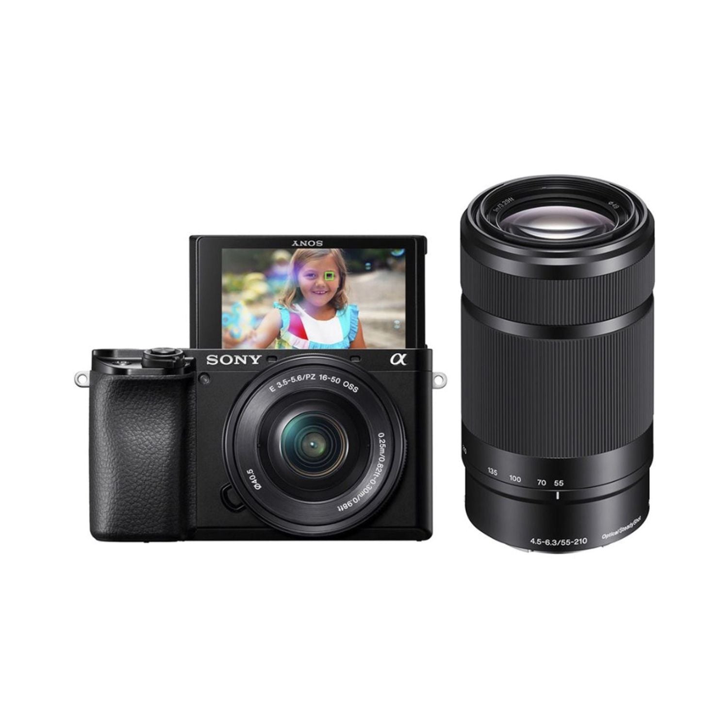 Mirrorless camera with 16-50mm and 55-210mm lenses, front view