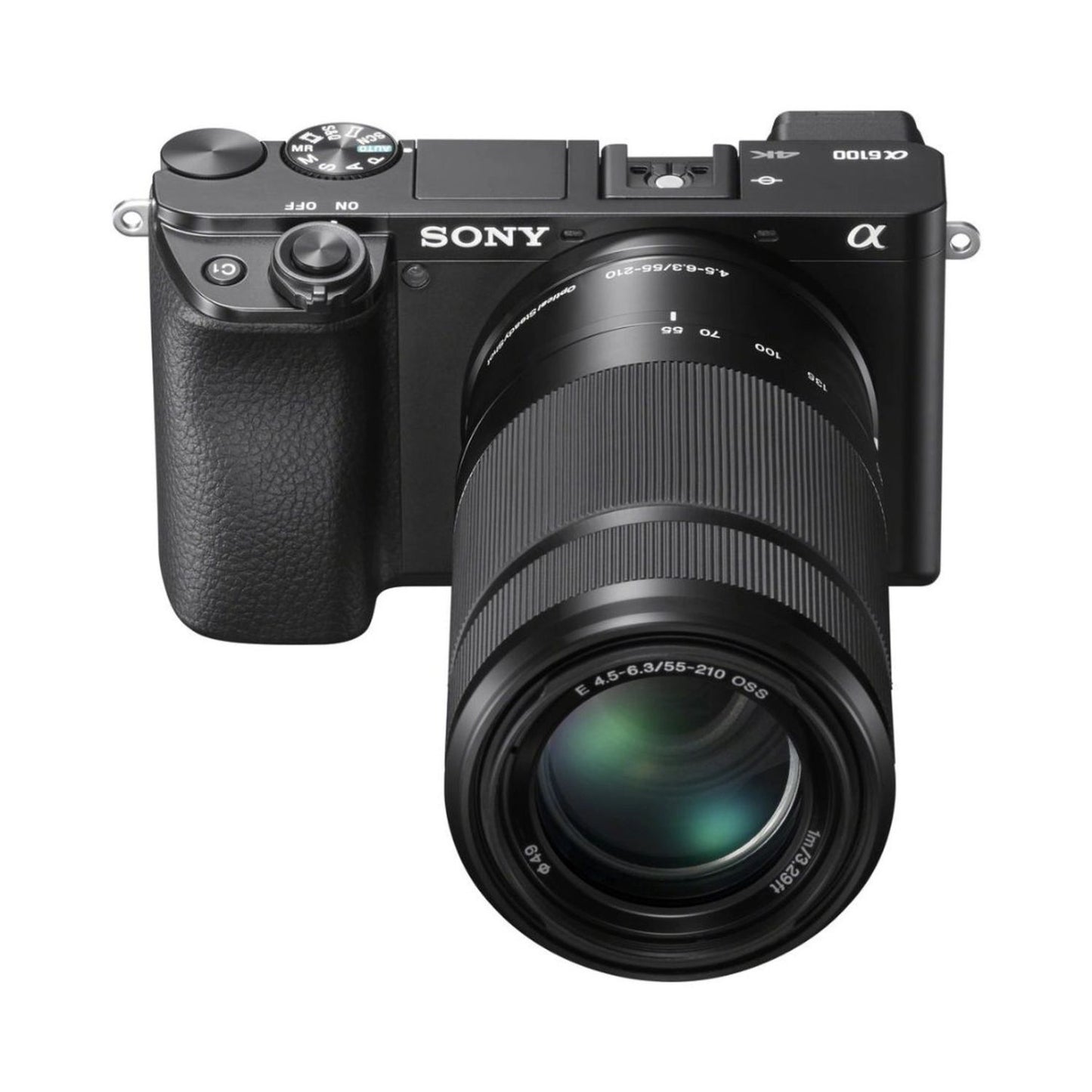 Mirrorless camera with 55-210mm zoom lens, top and front controls visible