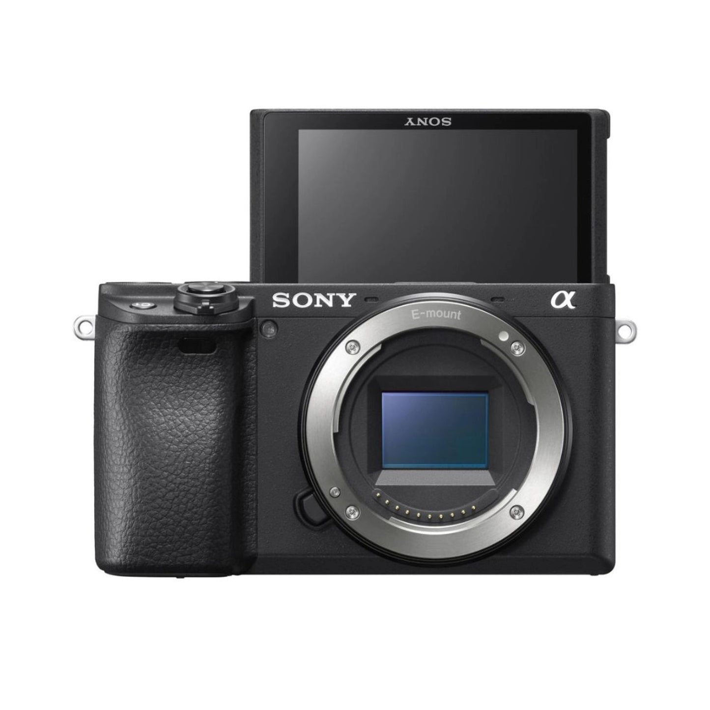 Sony a6400 mirrorless camera front view, lens mount and rear screen off