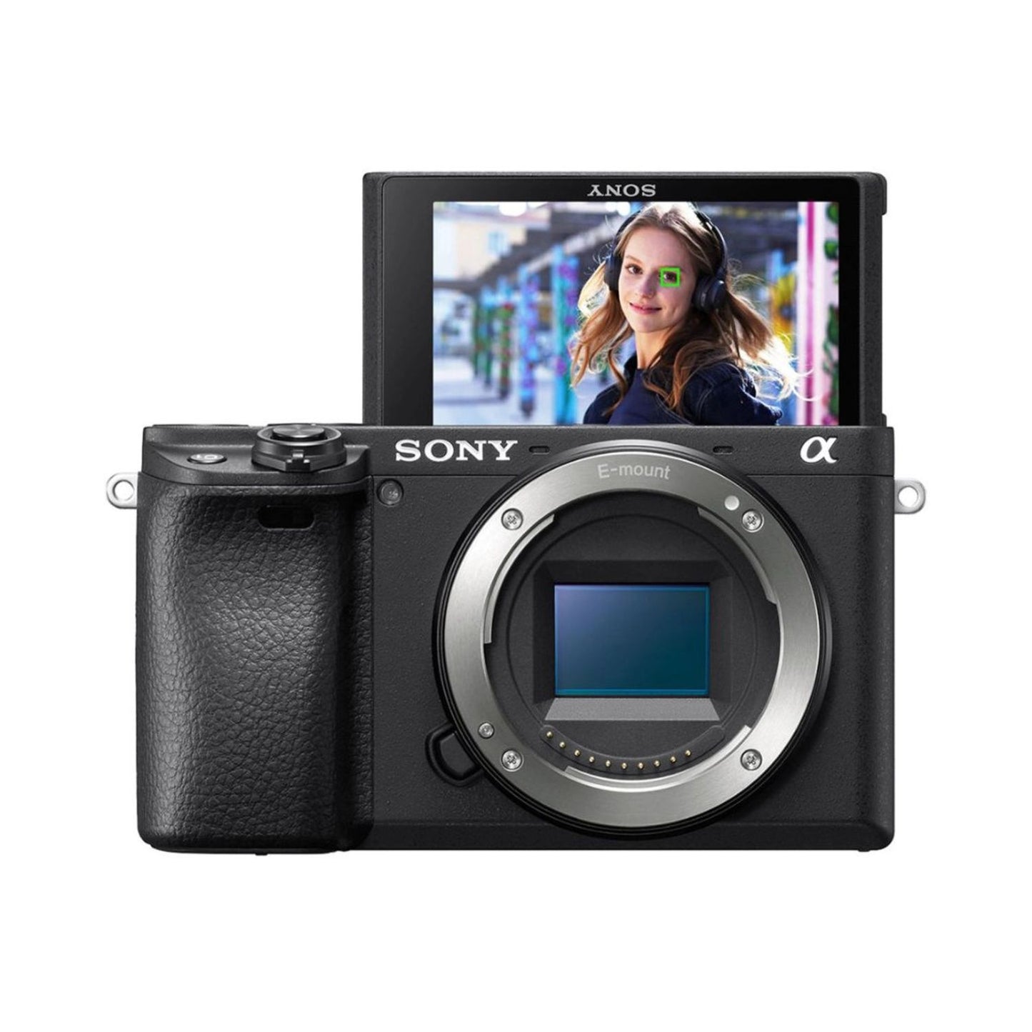 Sony a6400 front view, rear display on showing a person