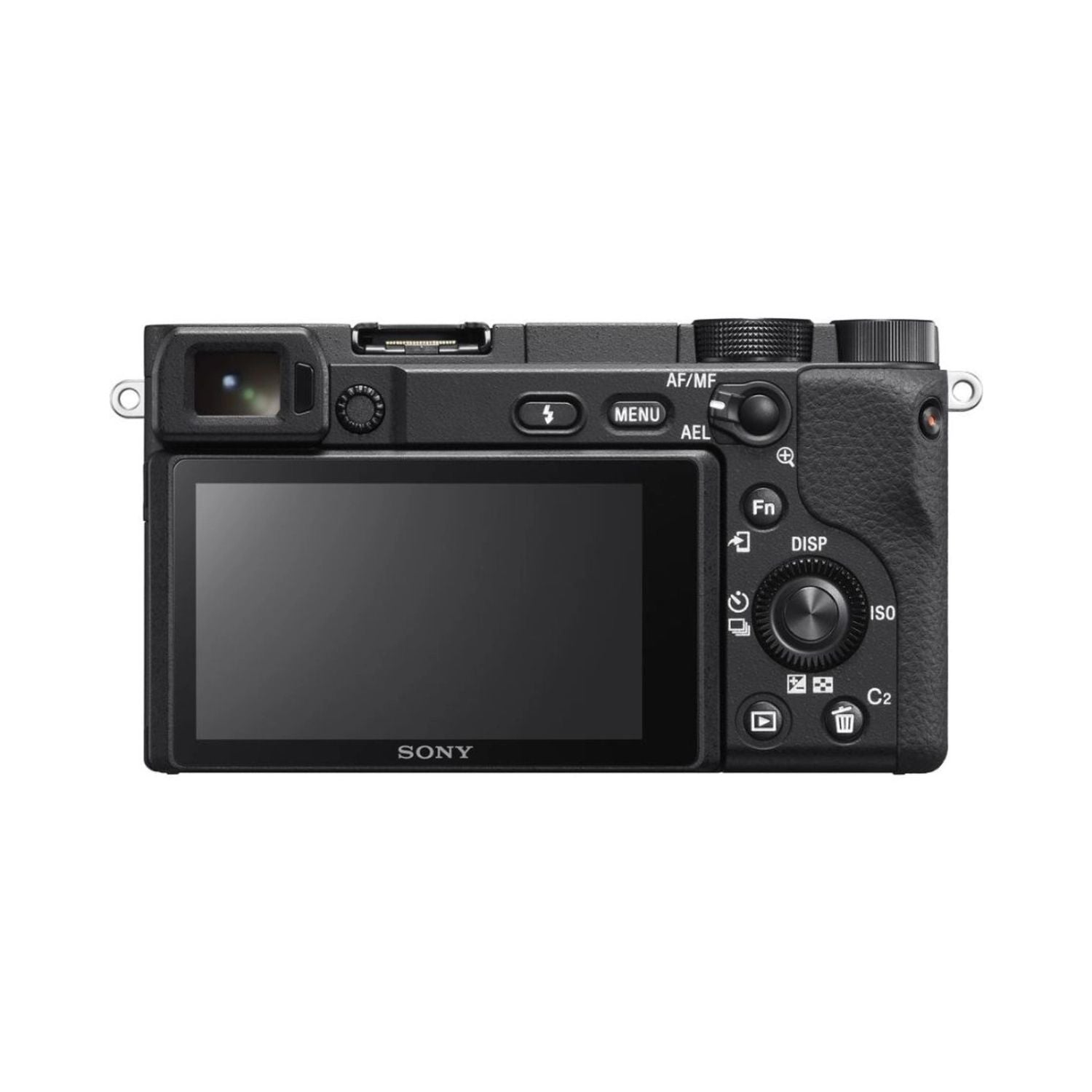 A6400 mirrorless camera top view with control dials and rear LCD