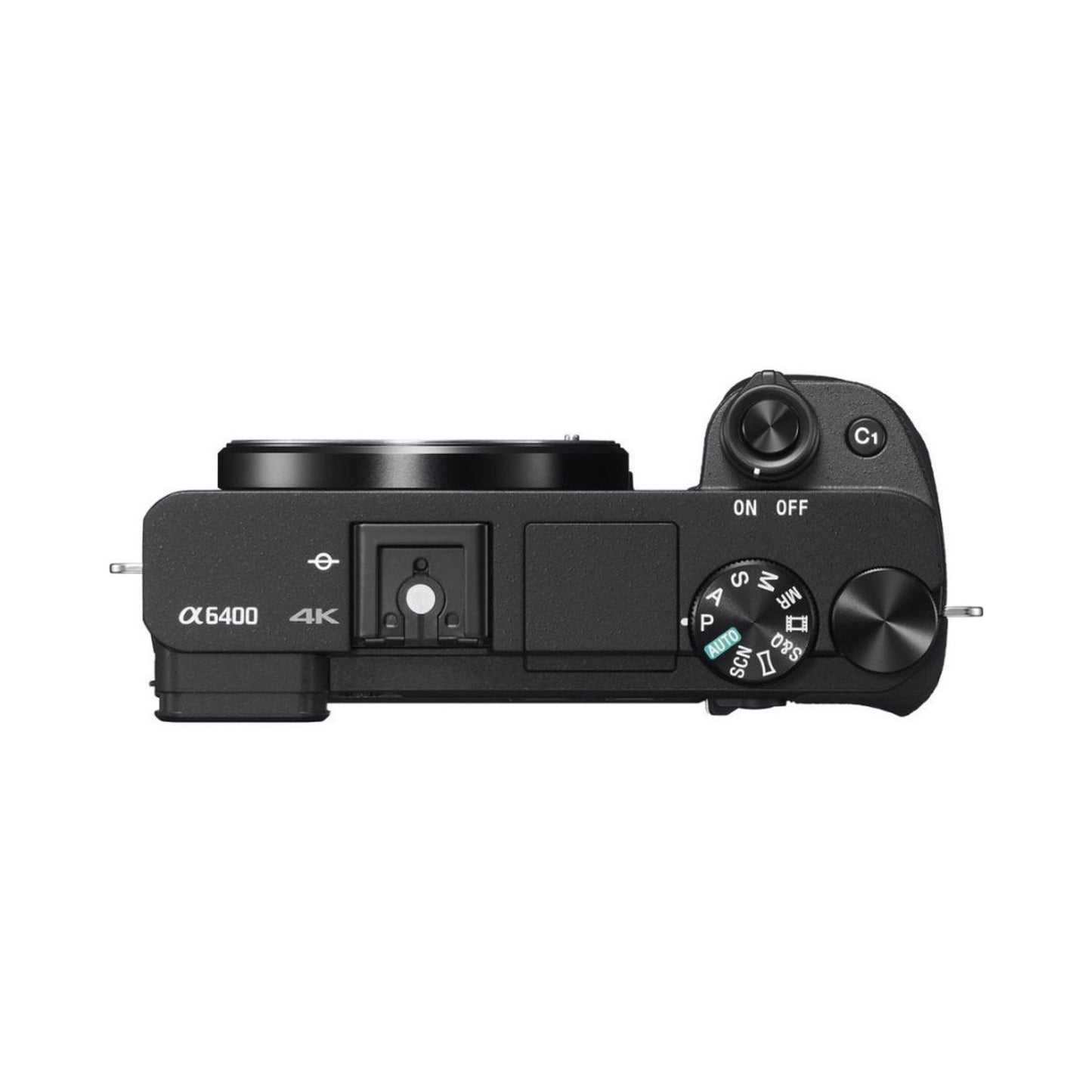 A6400 mirrorless camera side/top view with α6400 4K label and mode dial