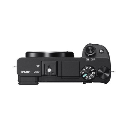 A6400 mirrorless camera side/top view with α6400 4K label and mode dial