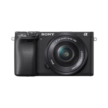 Black Sony a6400 mirrorless camera with 16-50mm OSS lens, front view