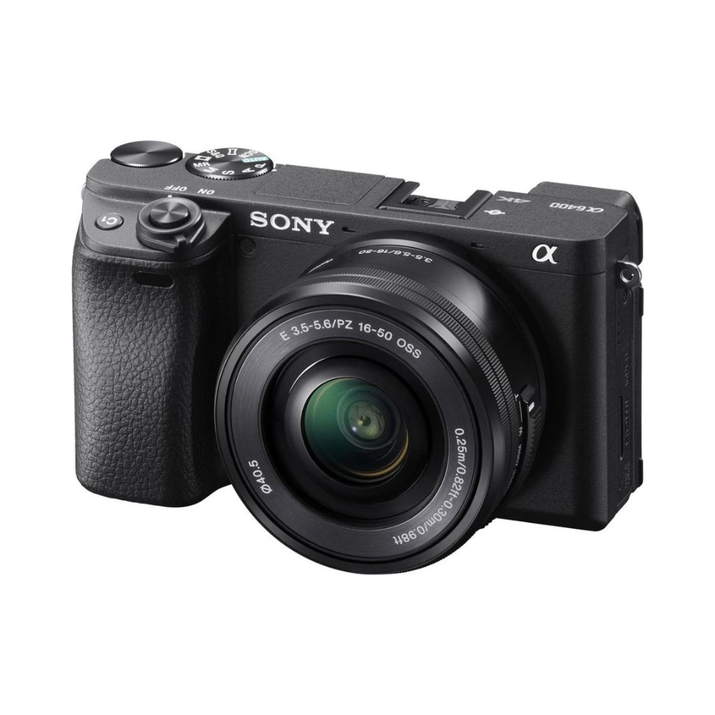 Black mirrorless camera with 16-50mm OSS lens, angled side view