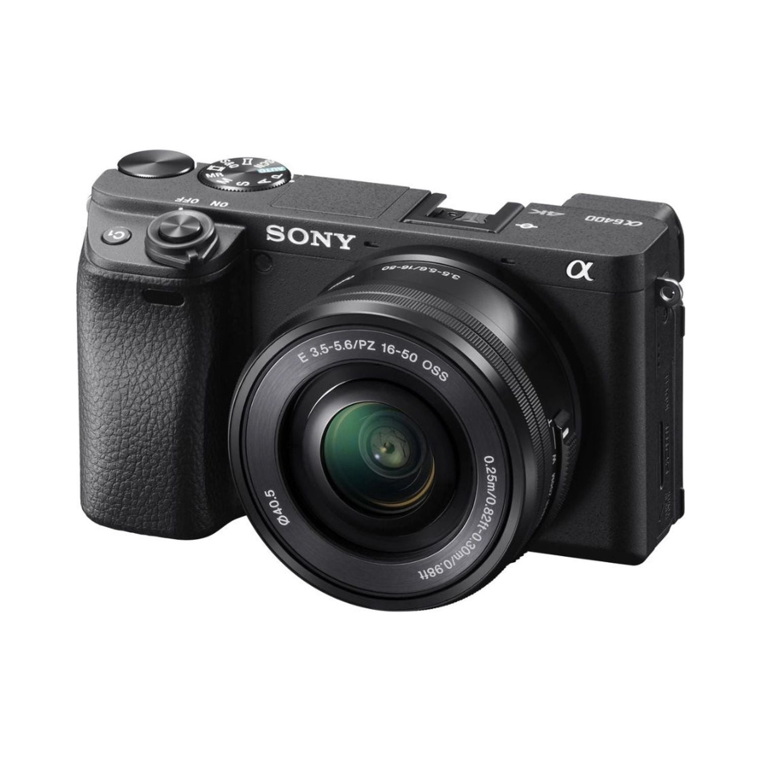 Black mirrorless camera with 16-50mm OSS lens, angled side view