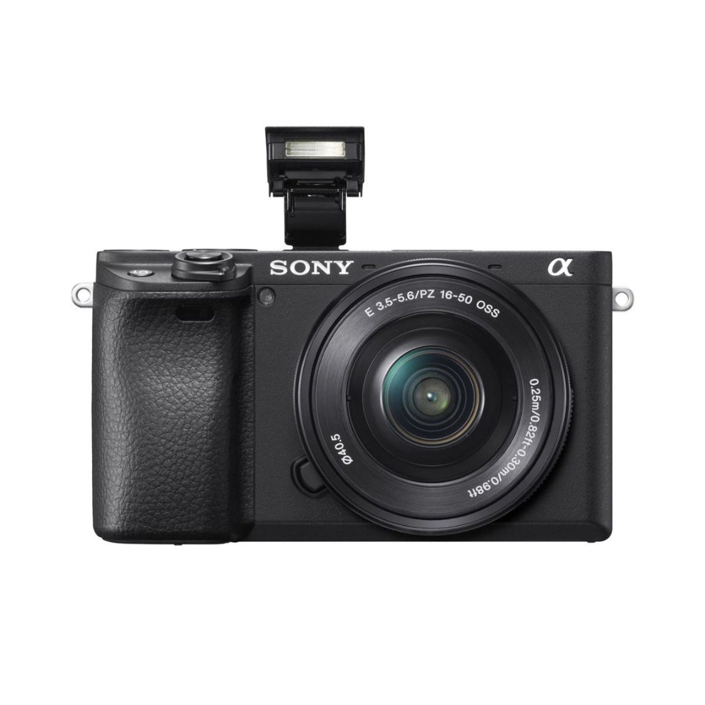 Mirrorless camera with 16-50mm OSS lens, built-in flash raised