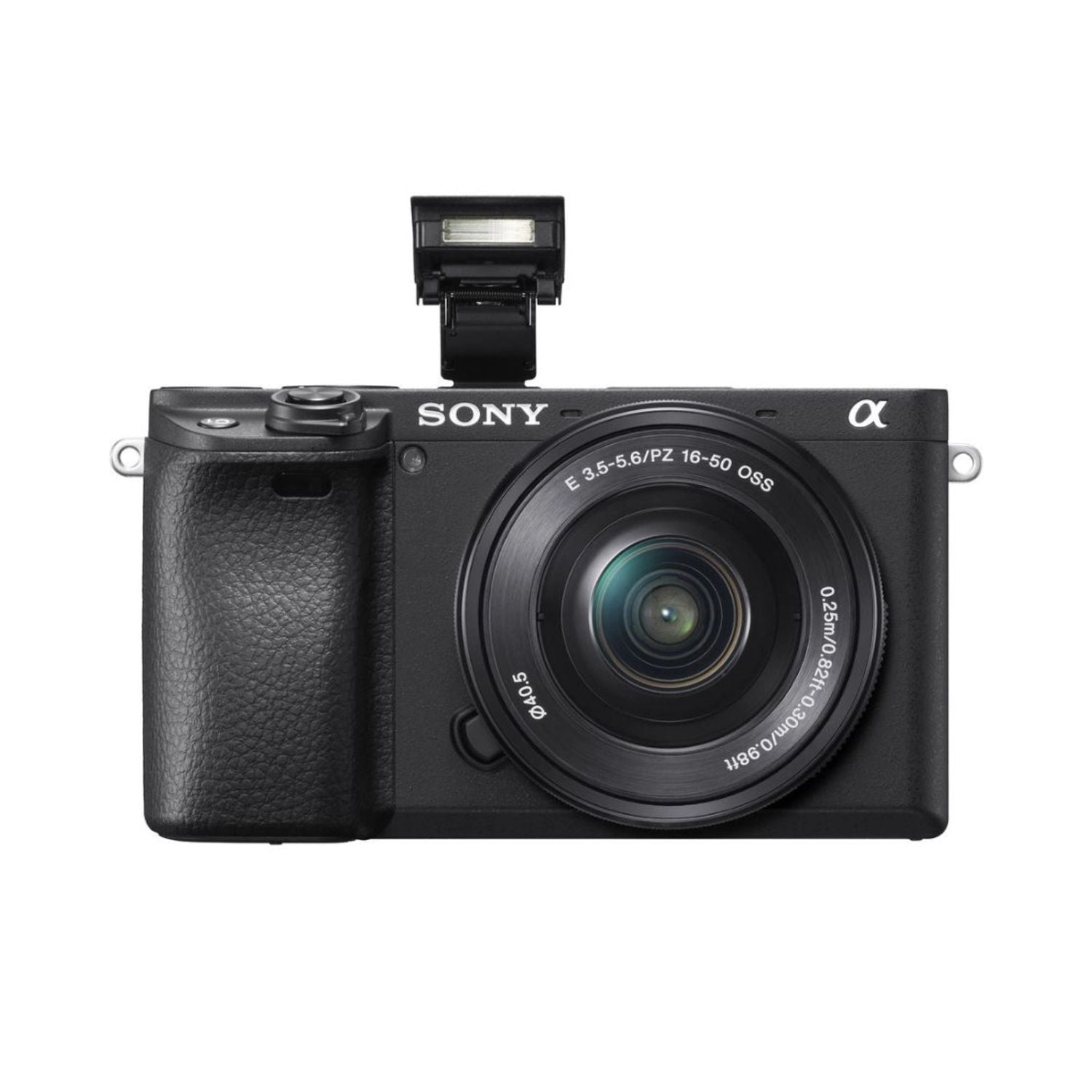 Mirrorless camera with 16-50mm OSS lens, built-in flash raised