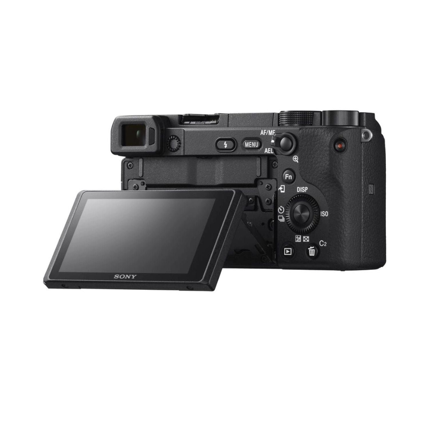 Mirrorless camera rear view with tilting LCD screen and control buttons