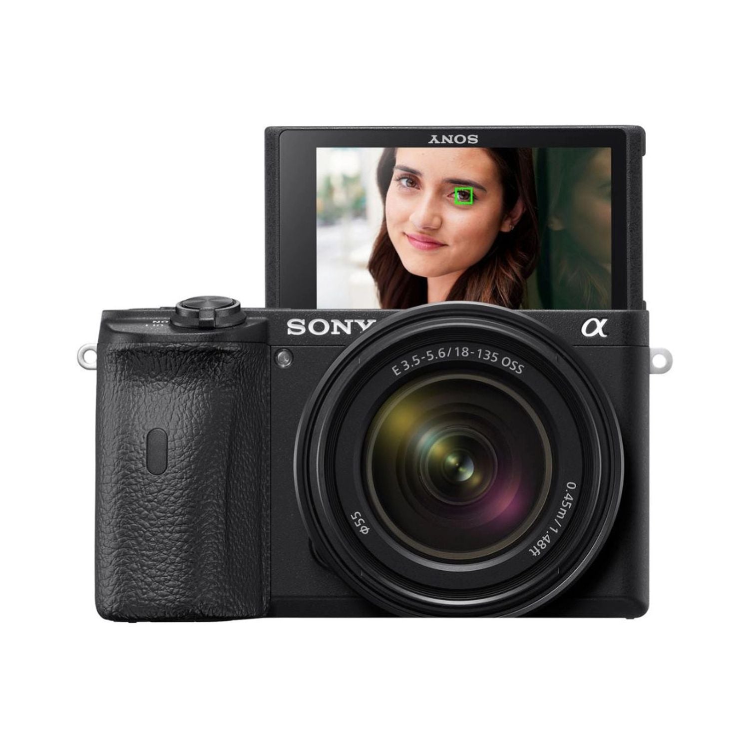 Alpha a6600 Kamera mit 18-135mm Objektiv, Rückansicht mit aktivem Display