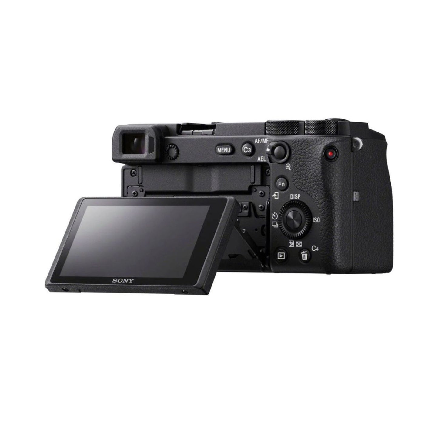 Kamera von oben mit geöffnetem Display und Bedienelementen, 18-135mm Objektiv