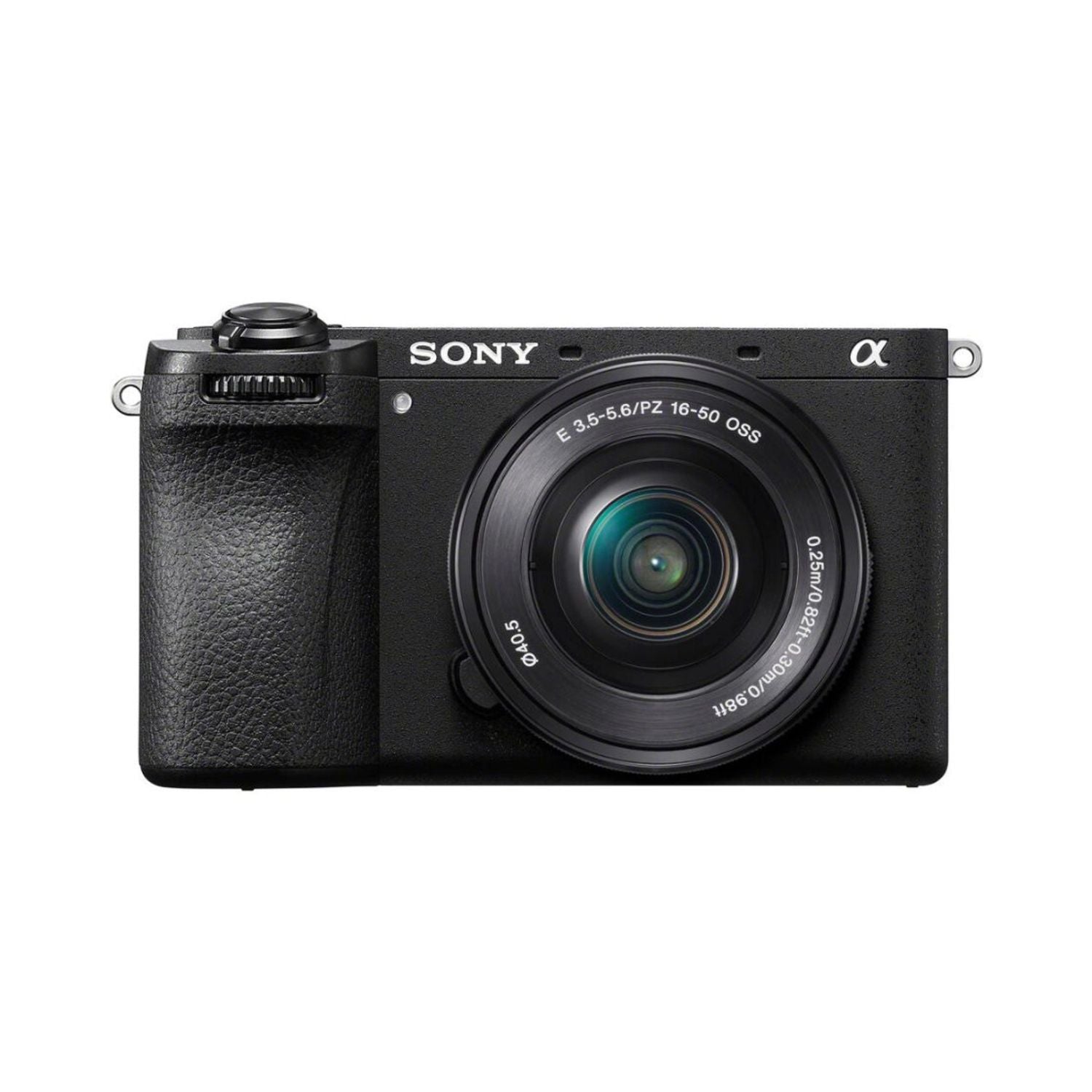 Mirrorless camera with 16-50mm lens, black body and textured grip