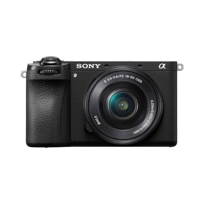 Mirrorless camera with 16-50mm lens, black body and textured grip