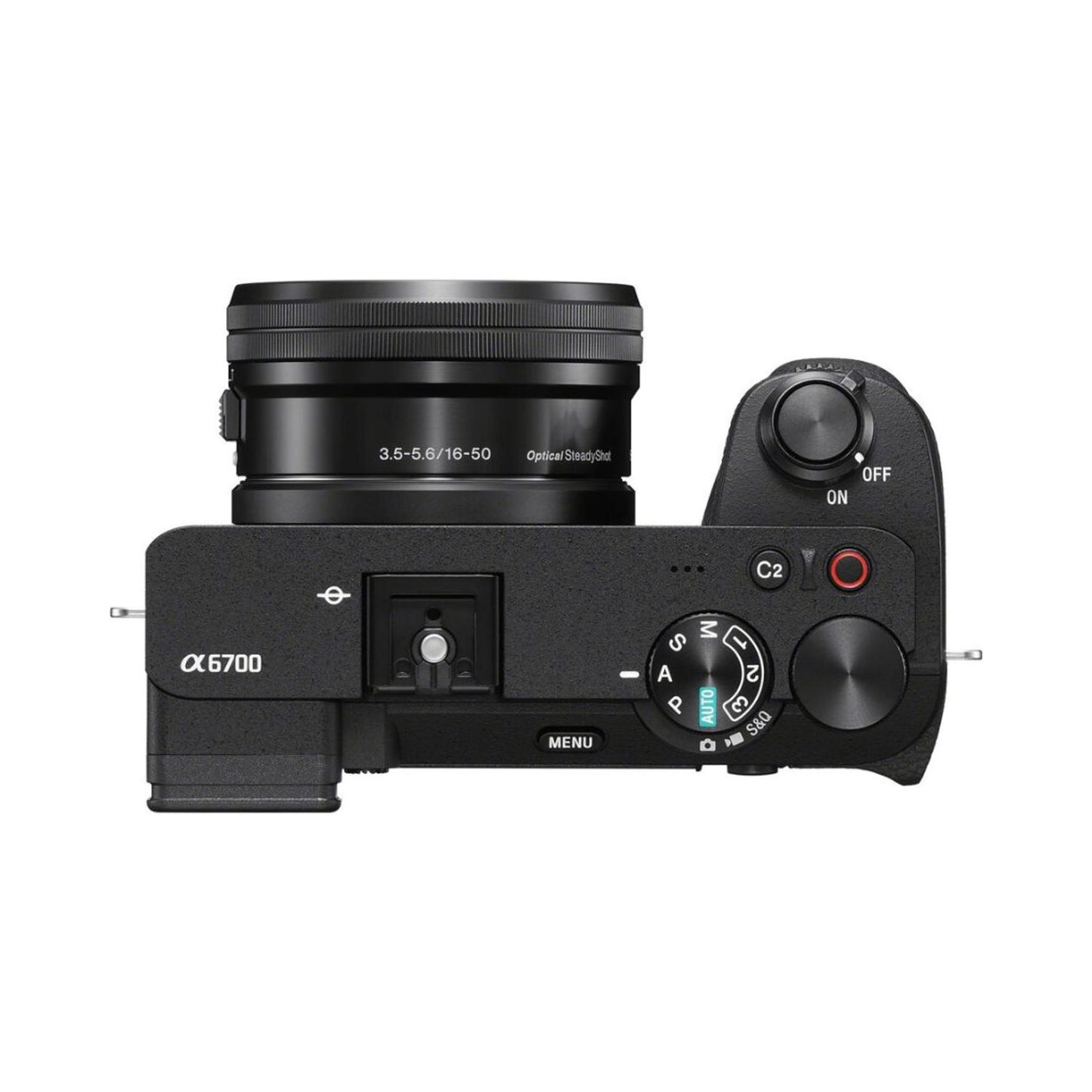 Top view of mirrorless camera with lens and mode dial, power on/off switch