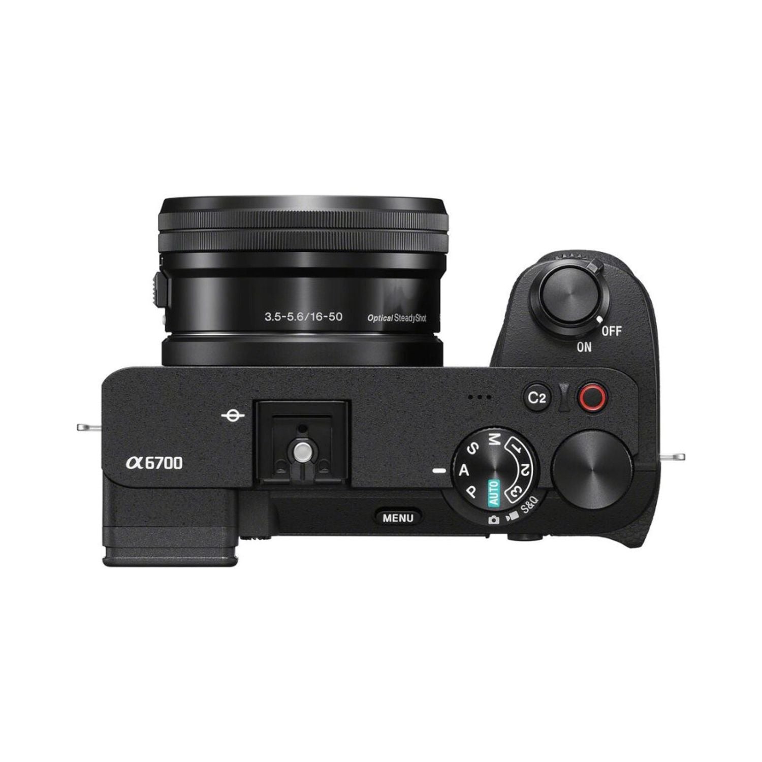 Top view of mirrorless camera with lens and mode dial, power on/off switch