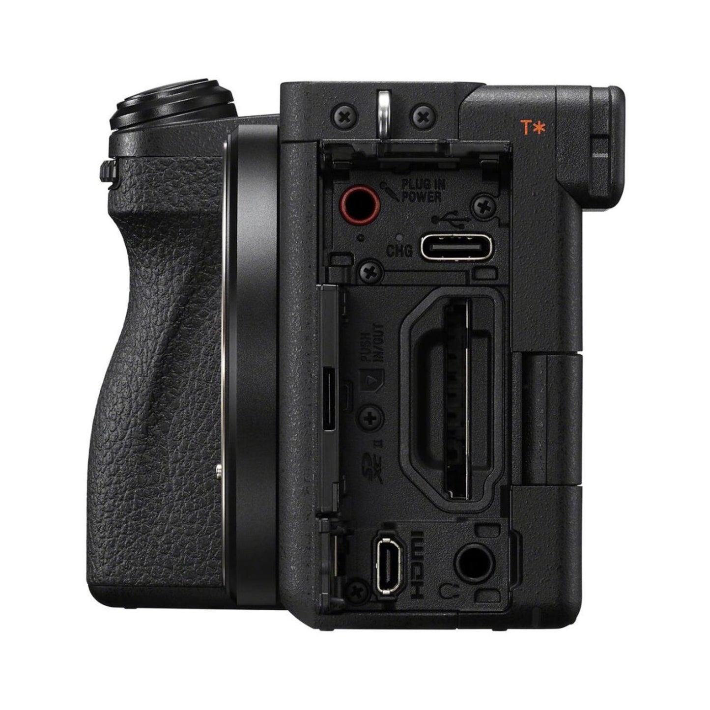 Rear I/O ports and battery compartment on black mirrorless camera body