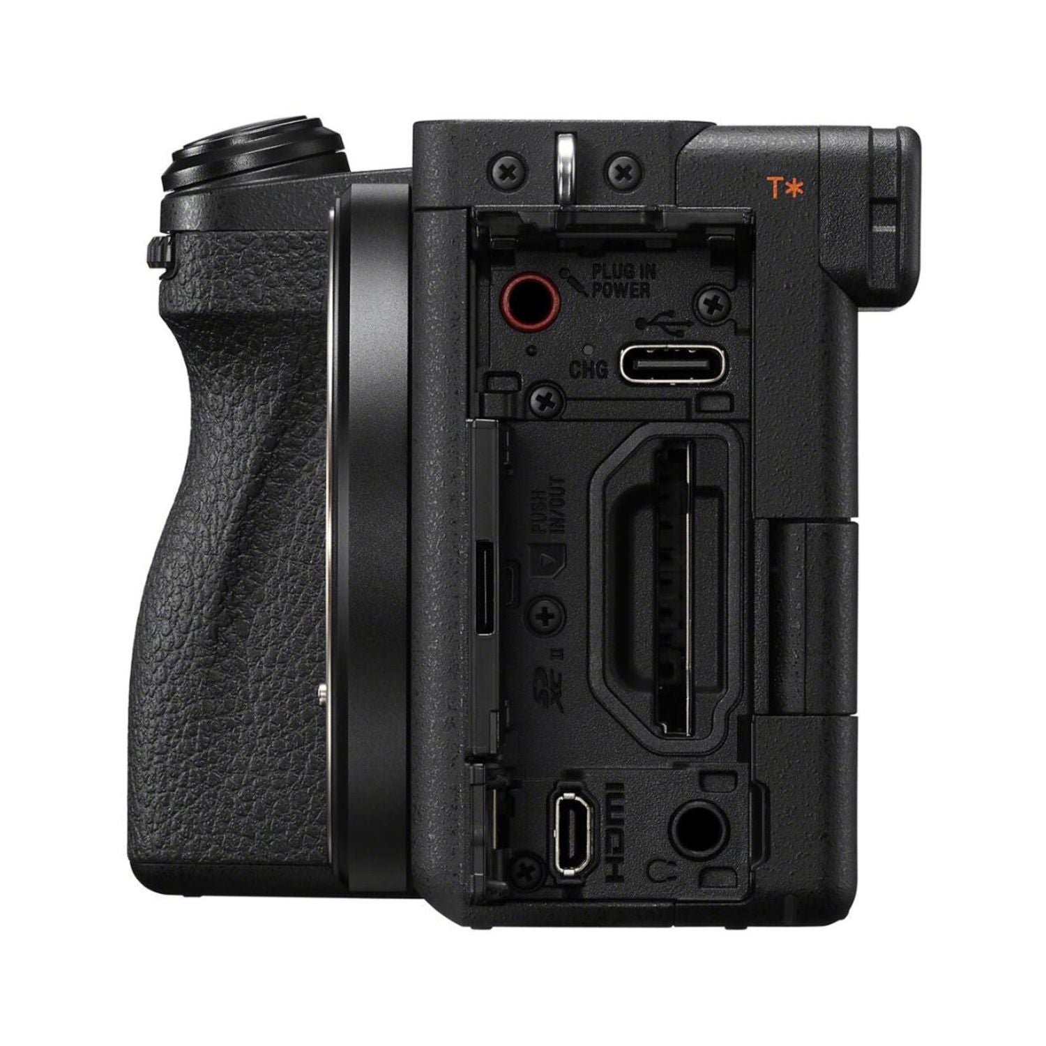 Rear I/O ports and battery compartment on black mirrorless camera body