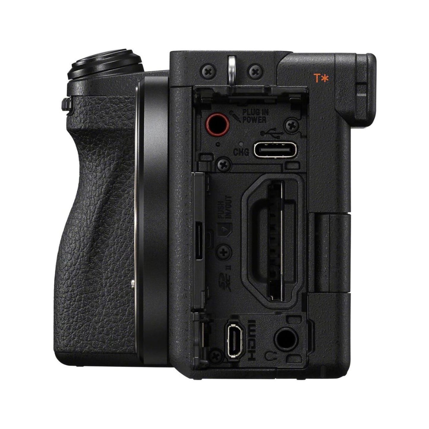 Sony a6700 mirrorless camera rear ports and connectors, black body