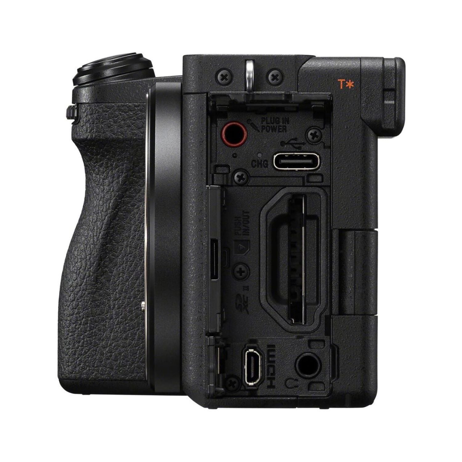 Sony a6700 mirrorless camera rear ports and connectors, black body