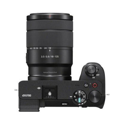 Sony a6700 with 18-135mm lens, top controls and dials, black
