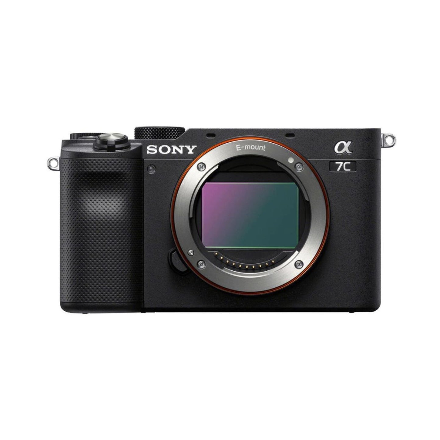 Sony a7C mirrorless camera, front view with E-mount lens and control dial