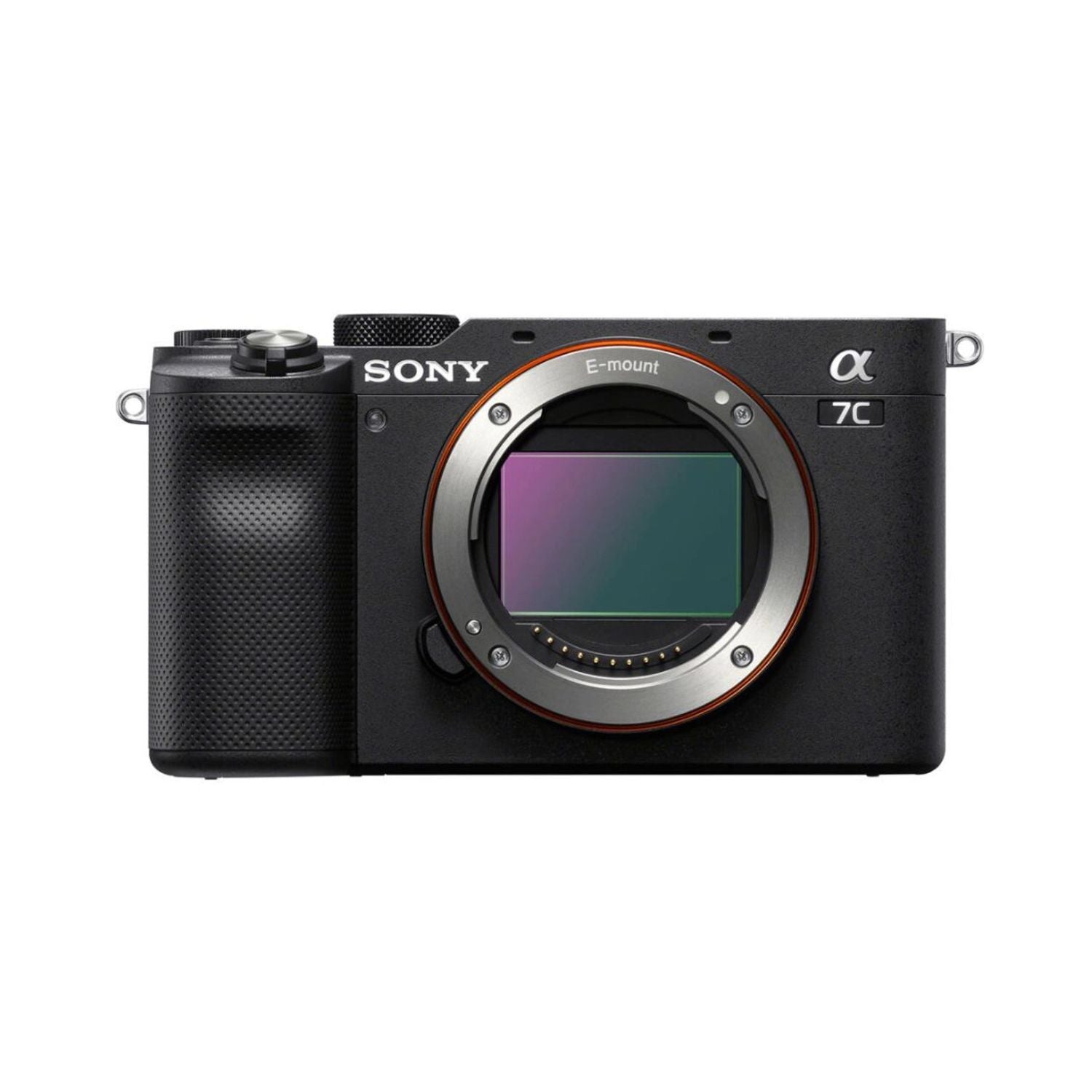 Sony a7C mirrorless camera, front view with E-mount lens and control dial
