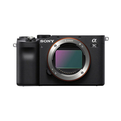 Sony a7C mirrorless camera, front view with E-mount lens and control dial